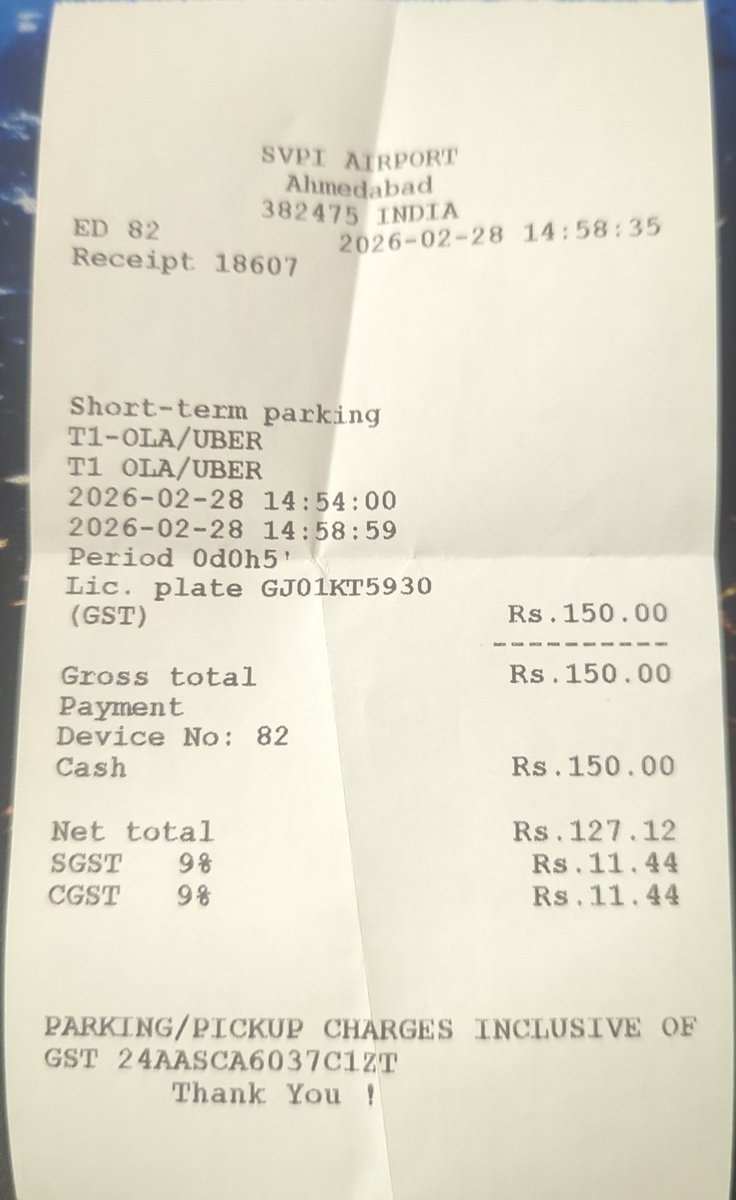 chaitya_shah's tweet photo. @ahmairport @taxibharat I was charged ₹150 for just 5–10 minutes of Bharat taxi pickup at T1 OLA/UBER stand. Entry 14:54, exit 14:58. This seems excessive for such a short duration. Kindly review the short-term pickup charges for passenger convenience. https://t.co/Ru52uLC0Fg