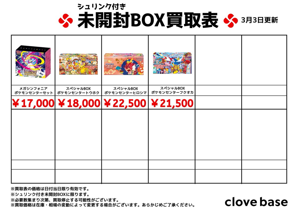 ⭐️シュリンク付き未開封BOX買取表 ⭐️ 《買取表に載っている