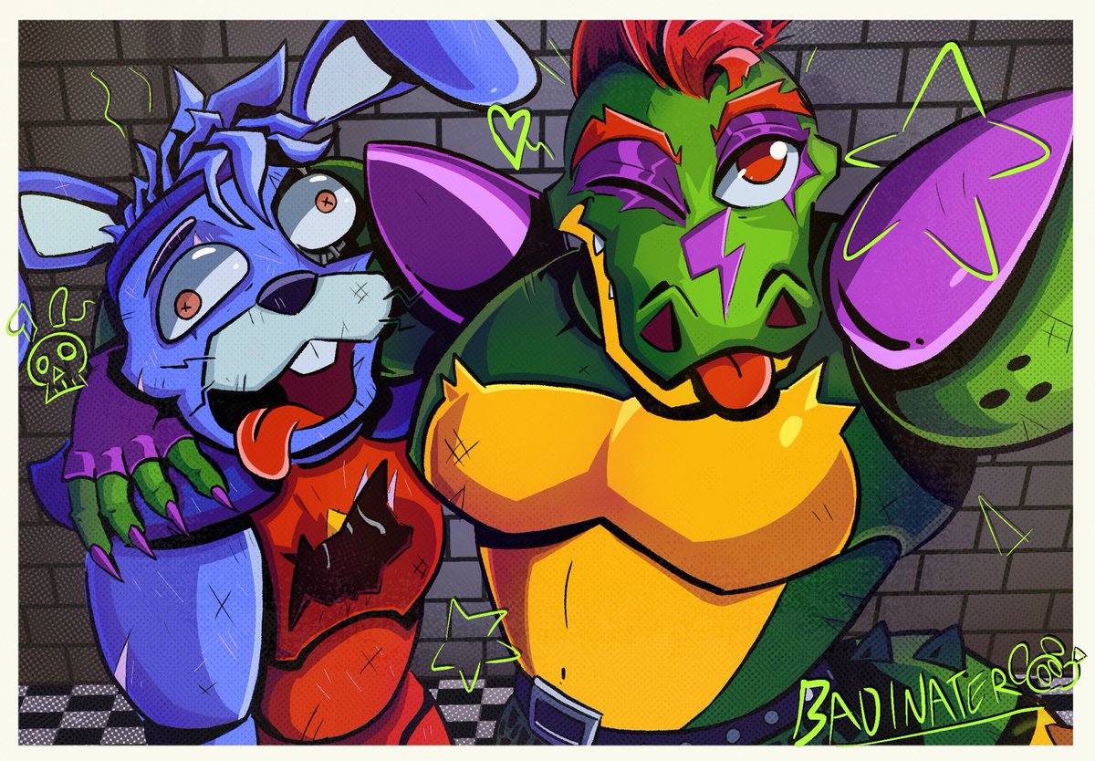 badinater's tweet image. Ok Bonnie we’re taking a pic! 

Say GUTTERBALL!!! 

#FNAF #securitybreach #FiveNightsAtFreeddys #GlamrockBonnie #monty #montygator #montgomerygator