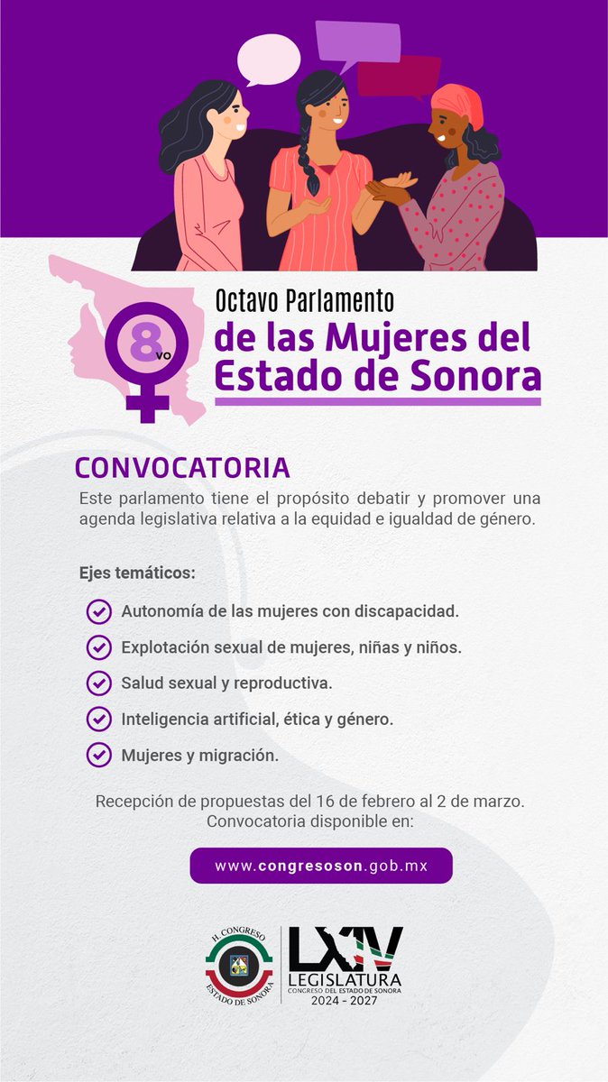 Este lunes cierra la convocatoria del Octavo Parlamento de las Mujeres Sonorenses
La Comisión para la Igualdad de Género del <a href="/CongresoSon/">Congreso Local Son</a>  informó que este lunes 2 de marzo es el último día para participar en la convocatoria del Octavo Parlamento de las Mujeres Sonorenses.