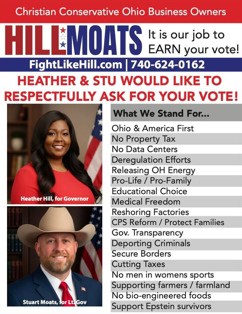 HillOhio's tweet image. Heather &amp;amp; Stu would like to respectfully ask for your VOTE!!
FightLikeHill.com

#AmericaFirst
#OhioFirst
#AxPropertyTax
#HeatherHill
#EpsteinFiles
#VivekRamaswamy