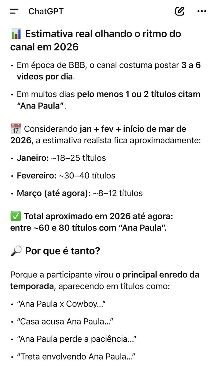 realitouu's tweet photo. Perguntei pro chat, quantas vezes a WebTVBrasileira citou Ana Paula APENAS NOS TÍTULOS dos vídeos, em 50 dias de programa, e pasme, ultrapassa 60 TÍTULOS em 50 DIAS. Justificável o ranço dos “analistas” de reality pela protagonista? #BBB26 https://t.co/x6HrfOXnO8