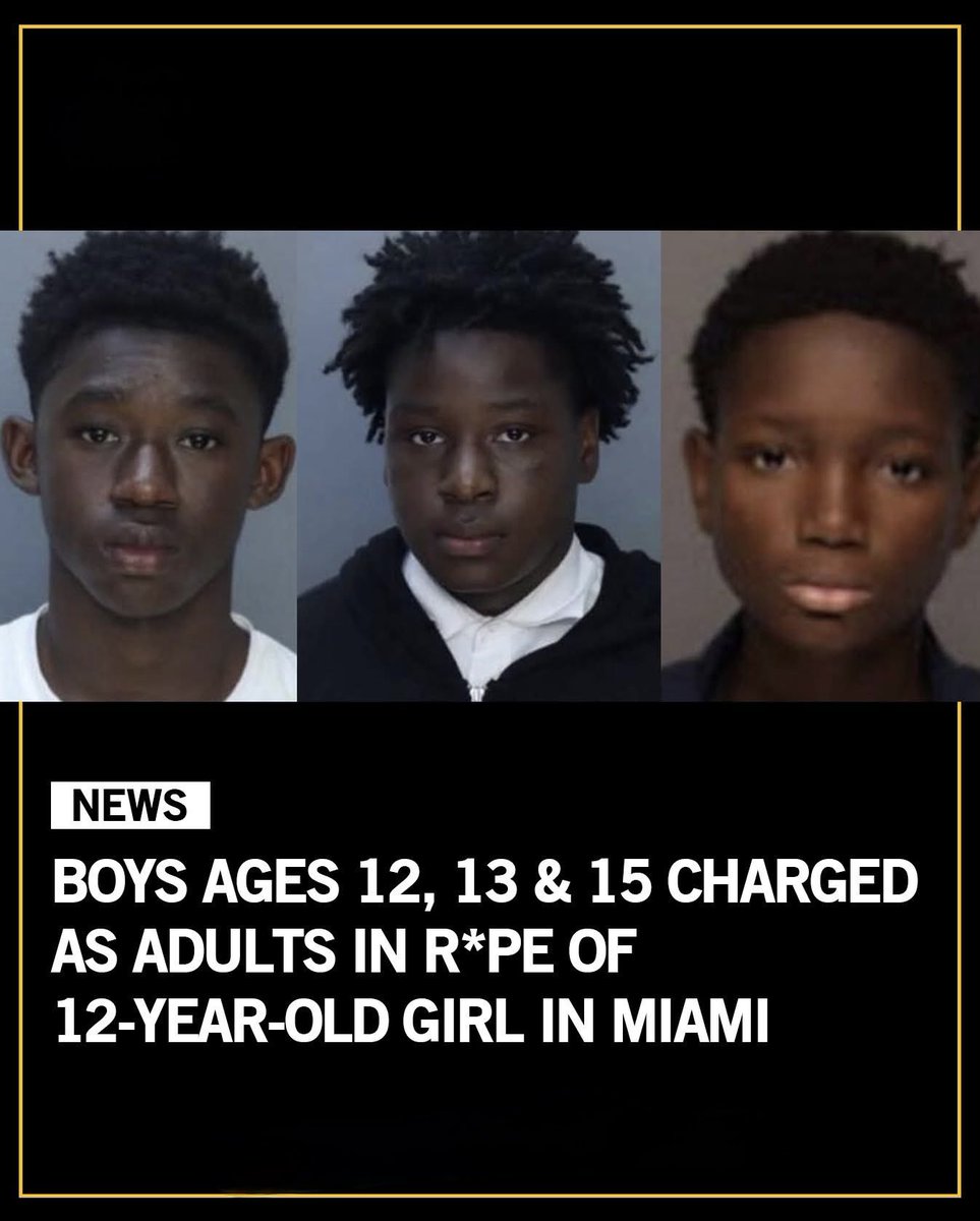 knuckledistrict's tweet photo. Imagine sending your 12-year-old to a friend's house and she never makes it home the same.

Three boys in Miami have been charged as adults in the alleged rape of a 12-year-old girl. Nelson Nunez, 13, Jusiah Jones, 12, and Xavier Tyson, 15, were indicted by a grand jury on February 25 after originally being arrested on juvenile charges. Jones and Nunez were ordered held without bond.

The incident occurred on June 18, 2025, in Miami's Overtown neighborhood. The victim was walking home from a friend's house when Nunez allegedly grabbed her and dragged her to a couch inside a community garden. Tyson and Jones reportedly held her down while Nunez assaulted her. When she screamed, Jones allegedly shoved rocks in her mouth. The attack reportedly lasted around 30 minutes and only stopped when the boys heard her father calling her name.

A fourth boy present told police he did not intervene because he was outnumbered. All three suspects and the victim were neighbors.