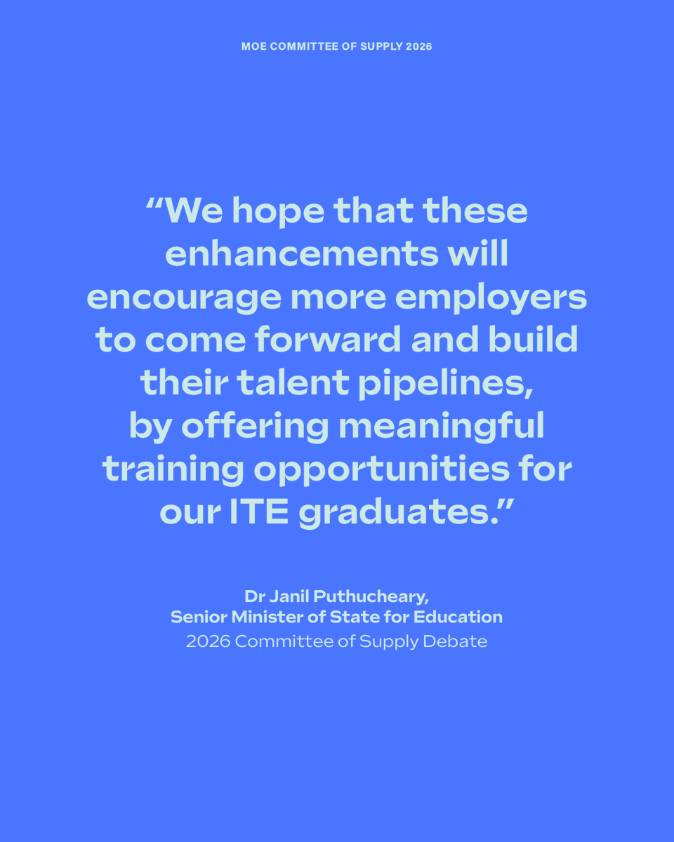 MOEsg's tweet photo. #MOECOS2026: MOE and SkillsFuture Singapore will enhance employer incentives for the ITE Work-Study Diploma from April 2026. #WeLearnForLifeTogether https://t.co/RinrpNZHXt