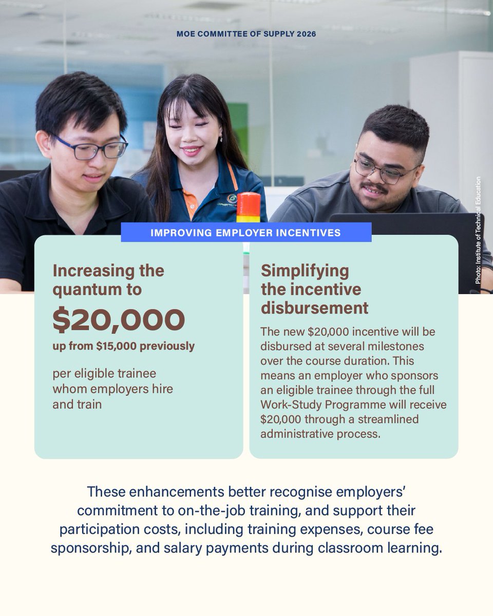 MOEsg's tweet photo. #MOECOS2026: MOE and SkillsFuture Singapore will enhance employer incentives for the ITE Work-Study Diploma from April 2026. #WeLearnForLifeTogether https://t.co/RinrpNZHXt
