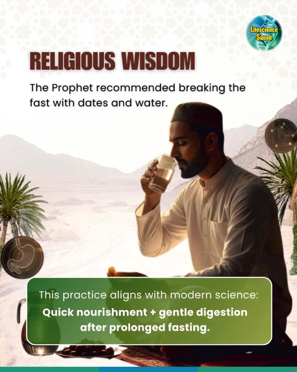 lifesciencesqua's tweet photo. Break Your Fast, Not Your Blood Sugar ๐ด๐
After fasting, your body is highly insulin-sensitive.
Start with dates โ natural sugars + fiber = steady glucose rise.
Start with fried/refined foods โ ๐ spike ๐ crash.
#FastingScience #Metabolic #BloodSugarBalance #LifescienceSquad https://t.co/CCwCKlJGX4