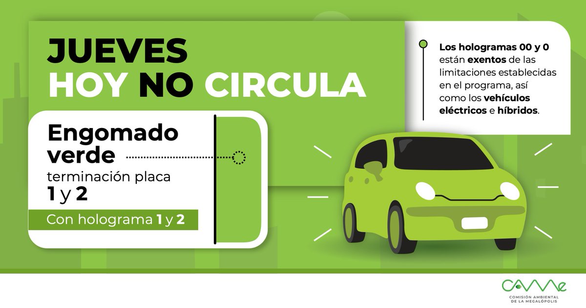CAMegalopolis's tweet photo. 🌞¡Buen día!
El #HoyNoCircula de este jueves 26 de marzo en la #ZMVM aplica para vehículos con #EngomadoVerde🟢 con terminación de placas 1 y 2, holograma 1 y 2.  𝐸𝑥𝑒𝑛𝑡𝑜𝑠  - 𝐡𝐨𝐥𝐨𝐠𝐫𝐚𝐦𝐚𝐬 𝟎𝟎 𝐲 𝟎. https://t.co/IZ34qhincA