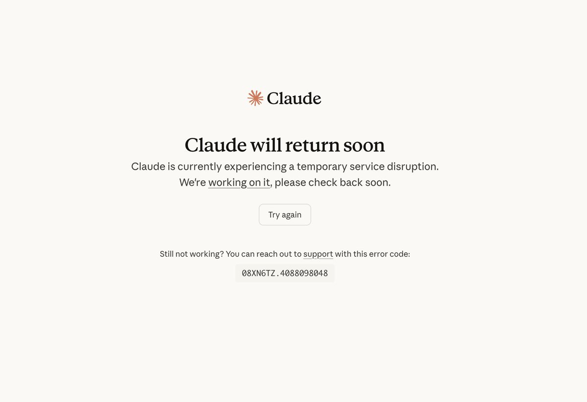 rod83354's tweet photo. Sorry I can't keep working like this, @anthropic @claudeai  I'm so burnt out, logging off forever 😂 😭🔥 Claude: 'Claude will return soon' https://t.co/3Qfhpus2J0