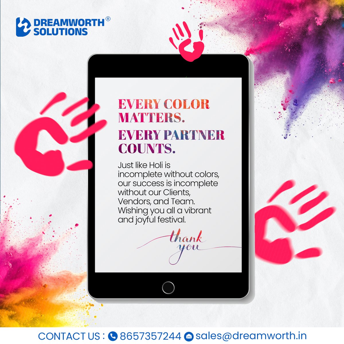 DreamworthIn's tweet photo. 🌈 EVERY COLOR MATTERS. EVERY PARTNER COUNTS.

Just like Holi is incomplete without colors, our success is incomplete without our amazing clients, vendors &amp; team.
Wishing you a vibrant &amp; joyful Holi! ✨
– Dreamworth Solutions Private Limited
#HappyHoli #FestivalOfColors #Teamwork https://t.co/uru2kmZXBf
