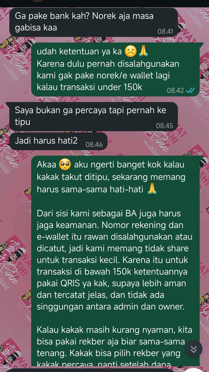 watashibackup's tweet photo. Hikseu aku via qris only kalau transaksi kecil

Tapi disini aman kok ygy, kalau emang harus pake norek/e-wallet via rekber avail kok 🙌☺ https://t.co/M05e6Vme81