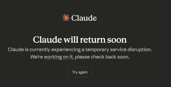 nickdiazofnauts's tweet photo. Claude is currently experience a temporary service disruption 😑 https://t.co/R5lxze1FKR