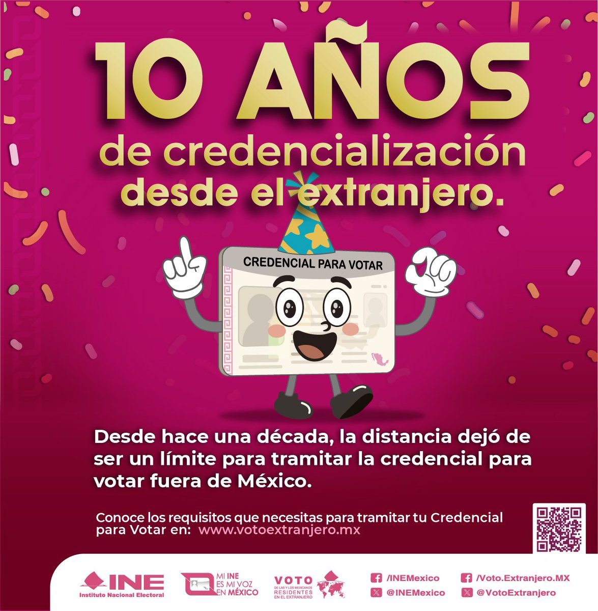 La credencial para votar desde el extranjero, cumple 10 años acercando tu voz a México, ¡Si aun no la tienes, tramítala! 🗳

#VotoExtranjero #INEMéxico