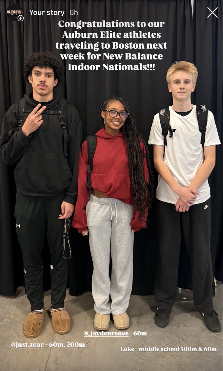 AuburnEliteTC's tweet photo. Congratulations to Izear, Jayden, and Luke as they head to @thetrackatnb in Boston to compete at the 2026 New Balance Indoor Nationals! Good luck athletes! https://t.co/T6lsqtZHNA