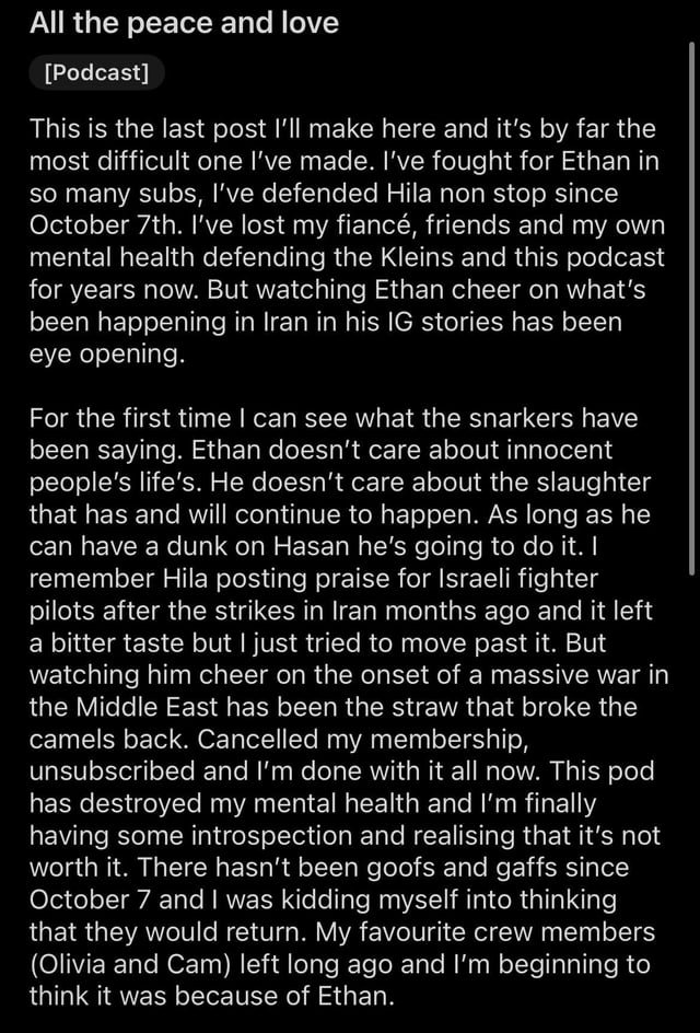 KweenInYellow's tweet photo. Over on the H3 subreddit, die-hard fans have been registering their disgust with Ethan and Hila Klein's enthusiastic support for the Trump/Netanyahu civilian slaughter campaign in Iran. As always, critical posts are being deleted. https://t.co/gYsrqOHH9i