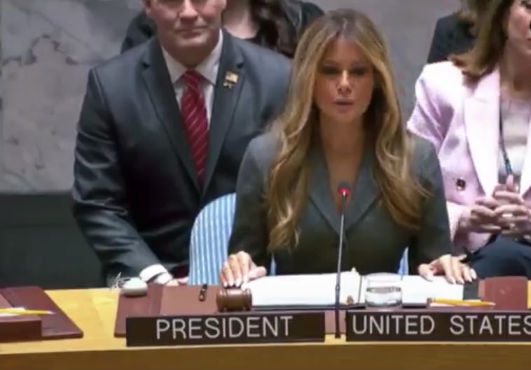 Gamika_S's tweet photo. ⁦@UN⁩ is a joke! First Lady Melania Trump presided over a UN Security Council meeting focused on children, technology, and education in conflict. She was chosen to chair this session—the first time a sitting First Lady has done so. #US #war #with #iran https://t.co/eAHJUUBKta