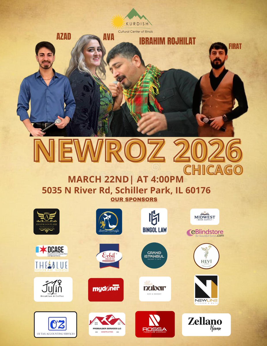 Newroz Program of Kurdish Cultural Center of Illinois in Chicago, 2026. We are glad to have supportive businesses in windy city.  Please purchase your ticket as soon as possible. Do not miss this great event.
eventbee.com/v/newroz-2026-…