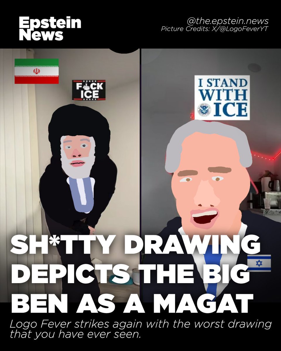 epstein_news's tweet photo. An artwork published by @LogoFeverYT shows Benjamin Netanyahu as an ICE supporter and former Iran leader Ali Khamenei as an ICE hater. Logo Fever originally published the drawing to X with the caption of "i sincerely apologize for this" on the post. https://t.co/RA5Wmrjo8T