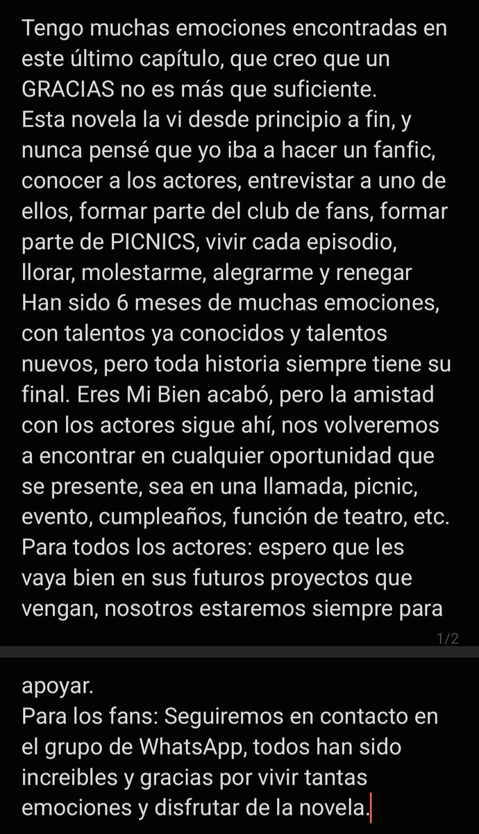 #EresMiBien 
Un gracias no es suficiente, aquí una dedicatoria a esta bonita novela que ya acabó
Aplausos a <a href="/21Cordeliamar/">Mónica Sánchez</a> <a href="/paulmartinperu/">paul martin peru</a> <a href="/Piericarcelen/">Pierina Carcelén</a> <a href="/NataliaSalasZ/">Natalia Salas Zuazo</a> <a href="/ClaudioCalmet/">Claudio Calmet</a> <a href="/XimeDiazM/">Ximena Diaz</a> <a href="/DiegoVillaran_/">SoyDiegoVillaran</a> <a href="/navavi_/">Nathalia Vargas</a> @Valesinroy <a href="/leandrohzd9/">Leandro Hernández</a> y al resto del elenco