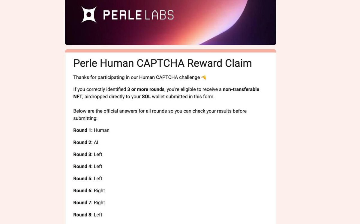 🔳Claim Your NFT Now <a href="/PerleLabs/">Perle Labs</a>

 Perle Human CAPTCHA Challenge  Officially Ended

 Funding: $17.5M 

The PerleLabs challenge is complete.
If you solved 3+ rounds correctly, you’re eligible for a non-transferable NFT airdrop to your Solana wallet.

Don’t miss this.

◼️ How to
