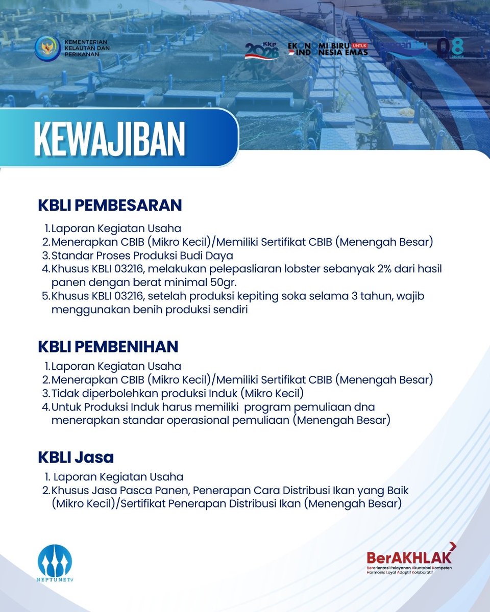 JohanYancco's tweet photo. Sahabat Bahari, Budidaya ikan yang maju dimulai dari langkah tepat yaitu salah satunya perizinan berusaha sesuai ketentuan. 
@kkpgoid @swtrenggono
#2026KKPGrowStronger #SaktiWahyuTrenggono #KKPGOID #PerizinanBudidayaIkan
#makintahu7263N https://t.co/vbvhHyt6C3
