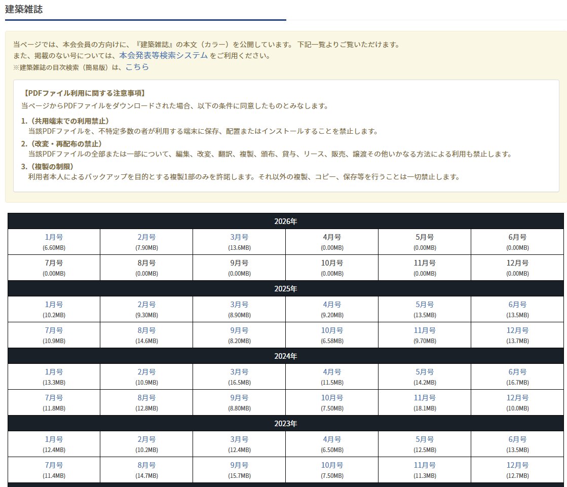 #日本建築学会 の #建築雑誌 ，会員の方はオンラインでPDFをご覧頂けるようになりました。
aij.or.jp/jabs-past.html