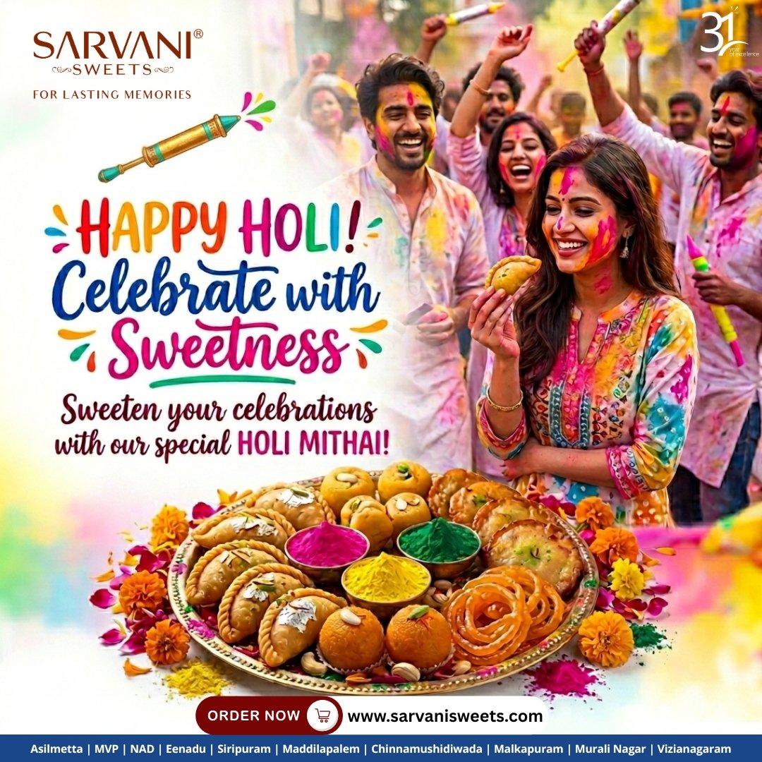 Sarvani_Sweets's tweet photo. Wishing you a Holi filled with the bright colors of joy, the deep ades of friendship, and the golden hues of success.
Happy Holi 2026!
@Sarvani_Sweets 

#Holi2026 #FestivalOfColors #HappyHoli #HoliHai #IndianFestival #ColorsOfIndia #Splashed #HoliParty #DesiVibes #HoliCelebration https://t.co/Vg8eGw0PEO