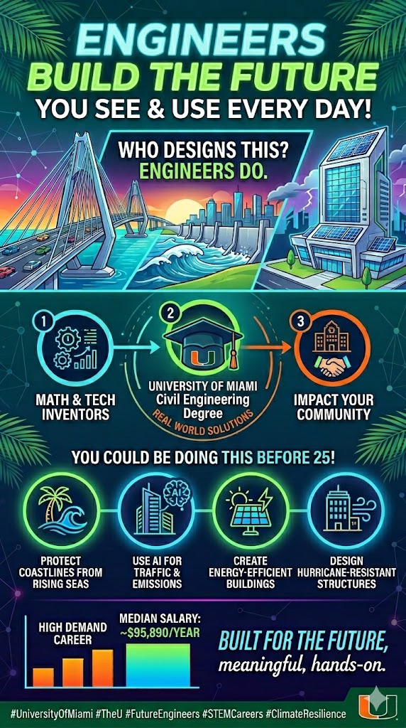 InfraDurability's tweet photo. Ever driven over a bridge or watched a city prepare for a hurricane and thought — who designs that?
Engineers do.
And that could be you — before 25.
At @univmiami, climate &amp; coastal resilience aren’t theories. They’re real challenges.
#TheU #FutureEngineers #STEMCareers https://t.co/ABwG40IIlC