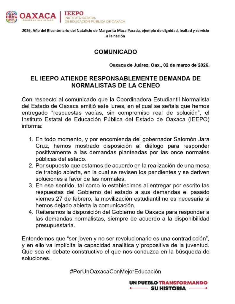 ContraProMx's tweet photo. 📢📢 Da respuesta el IEEPO a normalistas, les pide responsabilidad en su actuar 🥷🏽🥷🏽
Oaxaca. Mediante un comunicado, el Instituto de Educación de Oaxaca IEEPO, respondió con firmeza a la organización normalista #CENEO, quienes consideran respuestas vacías, las entregadas sobre su pliego petitorio.
El @IEEPOGobOax, reitera que la movilización no es el camino, cuando hay apertura al diálogo y una mesa permanente para atender sus solicitudes.