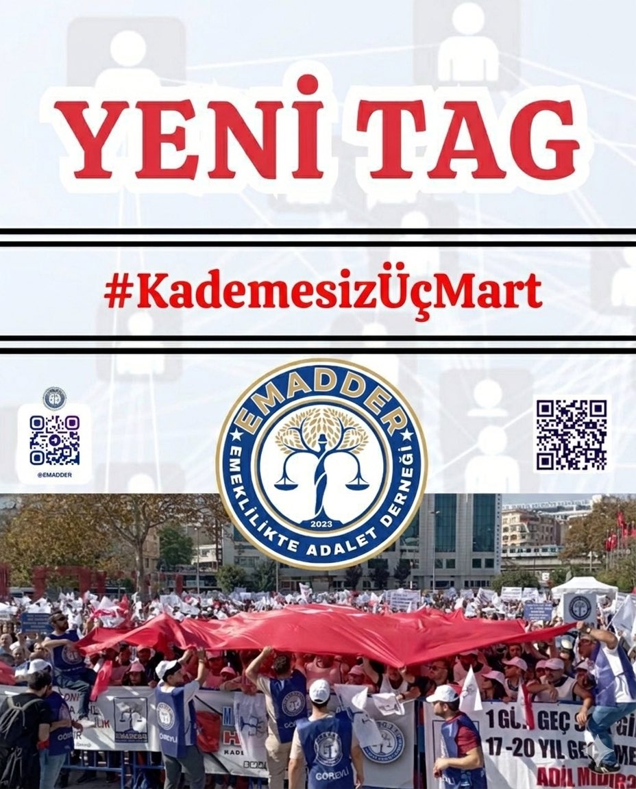 📣 📣 TAG DUYURUSU

👇🏻  👇🏻 👇🏻  👇🏻 
#KademesizÜçMart

3 Mart 2023…
Takvimde sıradan bir gün.
Ancak milyonlarca çalışan için hak kaybının miladı.

Aynı yıl doğan, aynı yaşta işe başlayan, aynı primleri ödeyen insanlar arasında 17–20 yıla varan emeklilik farkı oluşmuştur.

Bu fark;