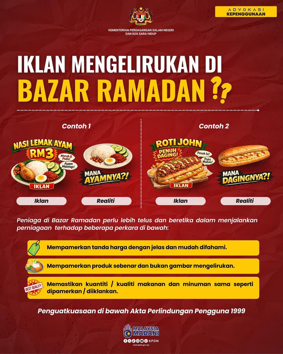 KPDN_HQ's tweet photo. 𝐈𝐊𝐋𝐀𝐍 𝐓𝐀𝐊 𝐒𝐀𝐌𝐀 𝐃𝐄𝐍𝐆𝐀𝐍 𝐑𝐄𝐀𝐋𝐈𝐓𝐈!!

Sebagai pengguna, kita ada hak untuk memilih!.

Sebagai peniaga, kejujuran itu amanah.
Sebarang iklan mengelirukan boleh diambil tindakan di bawah Akta Perlindungan Pengguna 1999.
Jangan lupa laporkan kepada KPDN!! https://t.co/Dj7e9iAefG