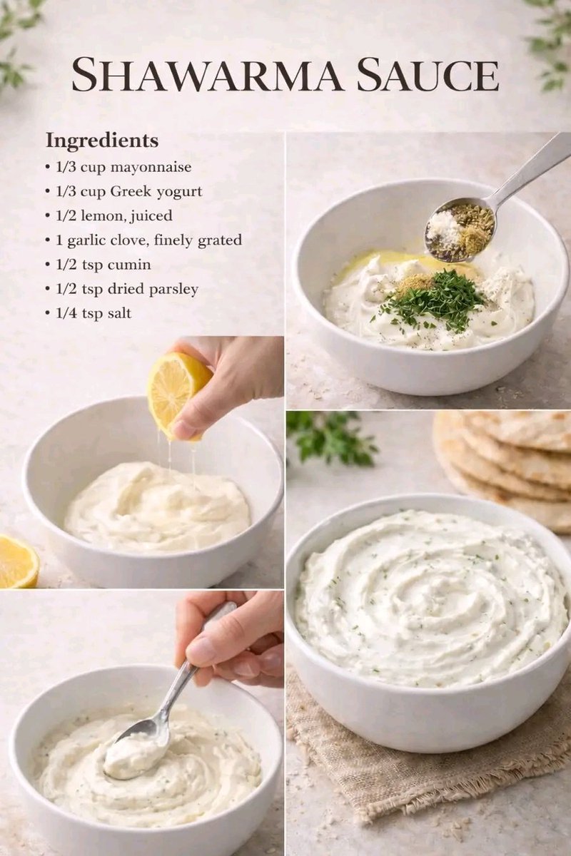 Dr_Paiwan's tweet photo. Shawarma Sauce

Ingredients:
• 1/3 cup mayonnaise
• 1/3 cup Greek yogurt
• 1/2 lemon, juiced
• 1 garlic clove, finely grated
• 1/2 tsp cumin
• 1/2 tsp dried parsley
• 1/4 tsp salt

Instructions:
1. Add mayonnaise and Greek yogurt to a bowl.

2. Pour in the fresh lemon juice.

3. Add grated garlic, cumin, dried parsley, and salt.

4. Mix everything well until smooth and creamy.

5. Taste and adjust salt or lemon if needed.

6. Refrigerate for 20–30 minutes before serving for best flavor.