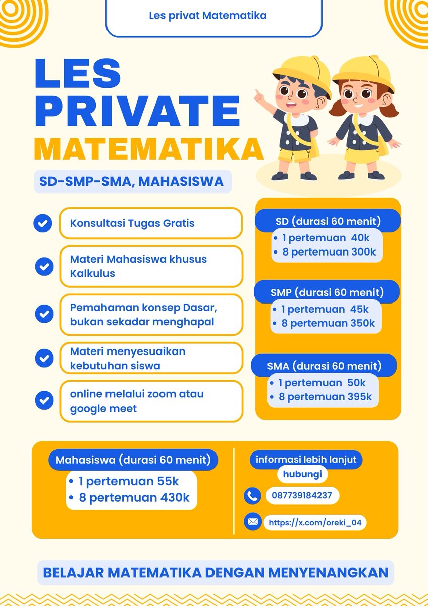 oreki_04's tweet photo. Halo aku open les private matematika untuk SD, SMP, SMA, mahasiswa matkul kalkulus/Matematika Dasar.
Aku juga open jasa ketik tugas ppt (power point)

Les : start 40k/jam
Jasa ketik ppt :
-start 3k/slide materi dari customer
-start 7k/slide materi dari aku
#zonauang #bimbel https://t.co/OdLQuxDZO5