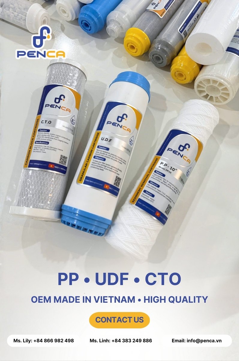 PencaGlobal's tweet photo. Pre-Filtration Trio: PP – UDF – CTO
A stable foundation for residential and industrial RO systems.

✔ OEM manufacturing in Vietnam
✔ Strict batch quality control
✔ Various micron ratings &amp; sizes available
✔ Stable supply &amp; on-time delivery

Contact us today for more info. https://t.co/J52392dZIn