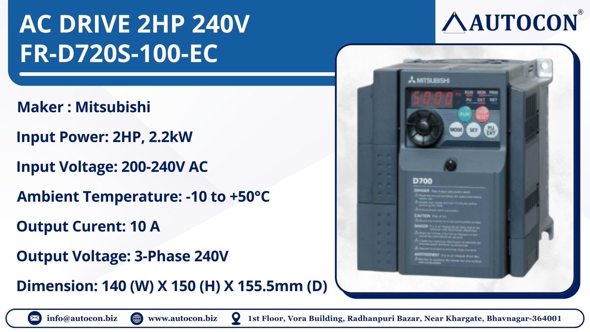 Autocon_Inst's tweet image. ⚡ AC Drive 2HP 240V – FR-D720S-100-EC

✔ 2HP / 2.2kW
✔ 200–240V Input
✔ 3-Phase 240V Output
✔ 10A Current

Perfect for industrial automation &amp;amp; motor efficiency.
📩 DM for inquiry
🌐 autocon.biz

#autocon #ecommerce #ACDrive #Automation #Mitsubishi