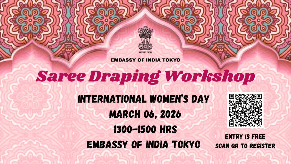 ICCR_Japan's tweet photo. 【Saree Draping Workshop】
国際女性の日を記念し、3月6日（金）13時〜15時 インド大使館にてサリーワークショップを開催します。
インドの美しい伝統衣装「サリー」を
実際に着て体験してみませんか？

入場無料  QRコードよりお申込ください。
（定員になり次第、受付は終了いたします） https://t.co/PKTO1rxaPn