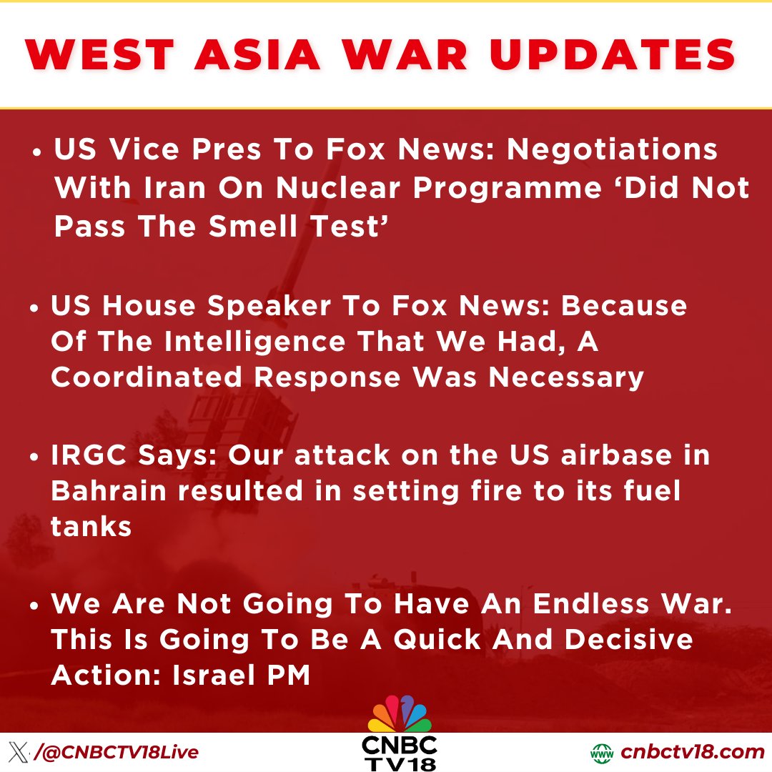 CNBCTV18Live's tweet image. #WestAsiaWar | #Iran attacks across the gulf continue, #Trump vows retailliation for #Riyadh attack, #Israel to continue striking Lebanon &amp;amp; Hezbollah with possibility of ground troops 

🔴US Vice Pres tells Fox News, negotiations with Iran on nuclear programme ‘did not pass the