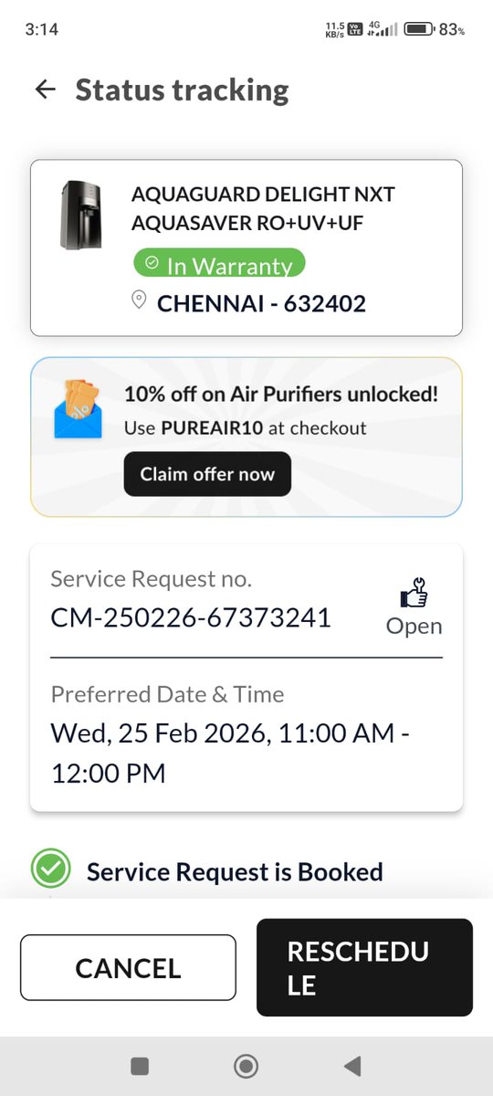 ramkrishnan1996's tweet photo. Raised a complaint for my aquaguard water purifier on February 25th. Still no person has arrived to service the product. Worst experience. Please don't buy anything from Eureka Forbes. It's not worth it #aquaguard #eurekaforbes #noservice #waste https://t.co/ODAX8NaC7g