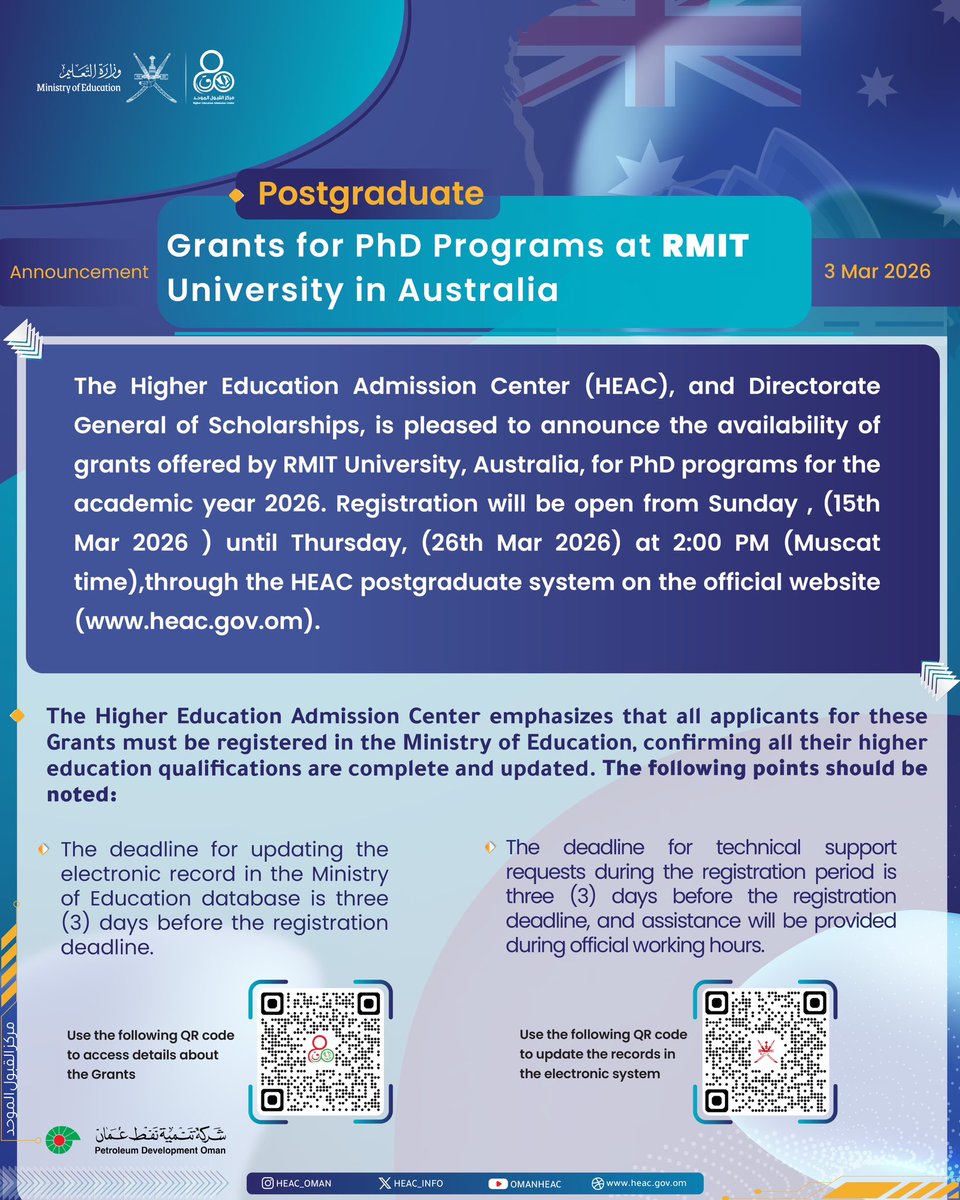 HEAC_INFO's tweet photo. #اعلان  #مركز_القبول_الموحد
 المنح الدراسية المقدمة من جامعة (RMIT) الأسترالية لمرحلة الدكتوراه https://t.co/ThWtZLUiZY