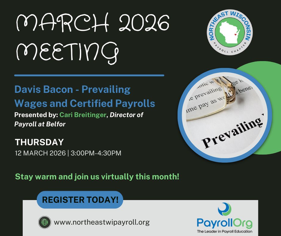NEWI_PC's tweet photo. Join the Northeast WI Payroll Chapter at our next chapter meeting where we will hear from the fabulous Cari Breitinger, Director of Payroll at Belfor, as she breaks down:
 
💼 Davis-Bacon – Prevailing Wages &amp; Certified Payrolls
 
Can’t wait to see you there! https://t.co/7mhcA5AC7c
