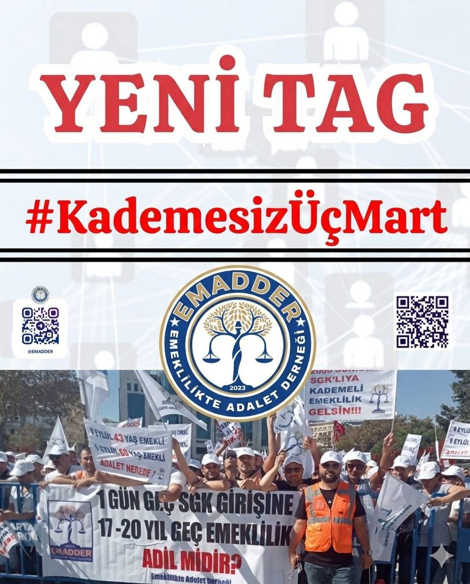 YENİ TAG 📣📣📣📣
👇👇👇👇👇👇
#KademesizÜçMart

3 Mart……

Bir kesim için bayram,
bizim için takvimde kara bir gün.

EYT Yasası eksik, kademesiz çıktı.
Çok daha fazla emeğe, çok daha fazla prim gününe, alın terine, emeğe bir gecede aramıza 17-20 sene koydular.

Biz geç kalan