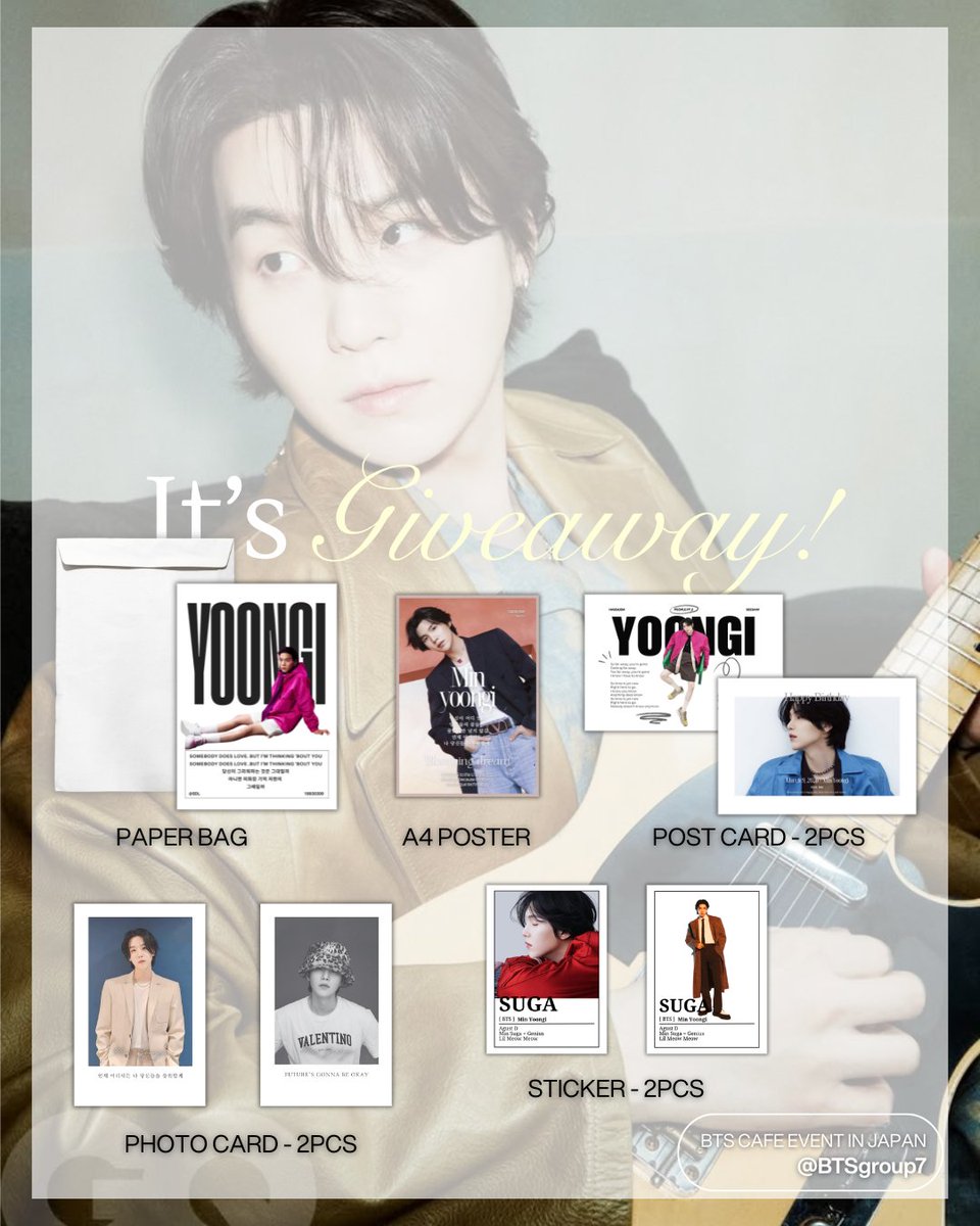BTSgroup7's tweet photo. ◐𝐇𝐀𝐏𝐏𝐘 𝐘𝐎𝐎𝐍𝐆𝐈 𝐃𝐀𝐘◑

✹✹✹𝒈𝒊𝒗𝒆𝒂𝒘𝒂𝒚✹✹✹

✓ Design bag
✓ A4 poster
✓ Postcard -2 pcs
✓ Photocard -2 pcs
✓ Sticker -2 pics

✹✹SHOP✹✹

東京📍@tigcafe
大阪📍@woolis_room 
福島📍@mannam_deai 
福岡📍@B1rCafe 
宮城📍@namcafe_s
長崎📍@kmadan0401 https://t.co/yoCmymqadI