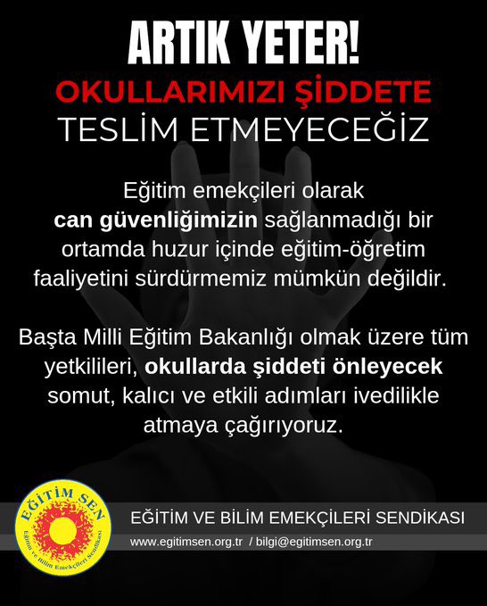 Çekmeköy’de bir lisede görev başındayken öğrencisi tarafından öldürülen Fatma Nur Çelik öğretmen için öğretmen sendikaları bugün iş bırakıyor. “Şiddeti normalleştirmeyeceğiz, bugünü olağan karşılamayacağız” diyen öğretmenlerin yanındayız. 

 #ÖğretmenSahipsizDeğildir