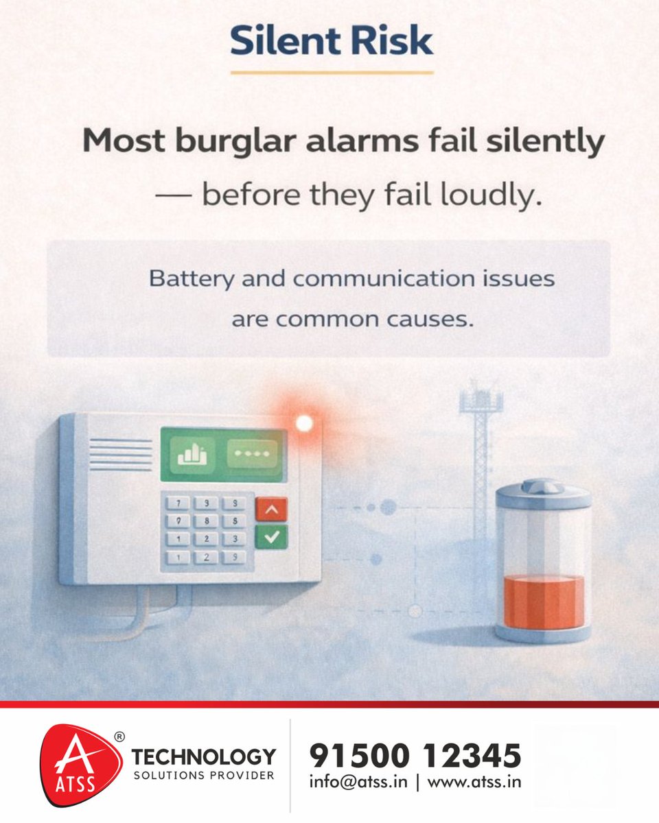InfoATSS's tweet image. 🚨Silent Risk: Most burglar alarms fail silently—long before the siren is needed.🤫🚨Don't let battery or signal issues leave you vulnerable. 
📞91500 12345 atss.in/burglar-alarm/
#SilentRiskSecurity #BurglarAlarmFailure #atss