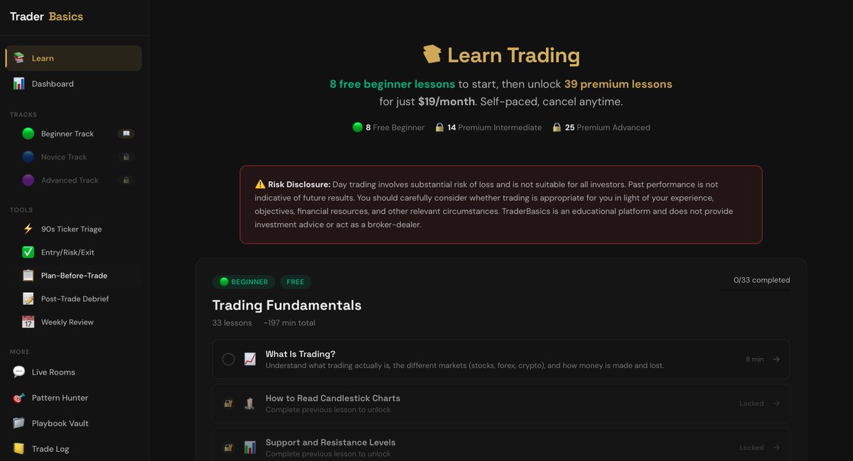 TraderBasics's tweet photo. Built a clean dashboard that turns trading into a step-by-step system: lessons, progress, guardrails, tools, and games.

Most traders don’t fail from lack of effort… they fail from lack of structure. https://t.co/FeKnoNnCA0