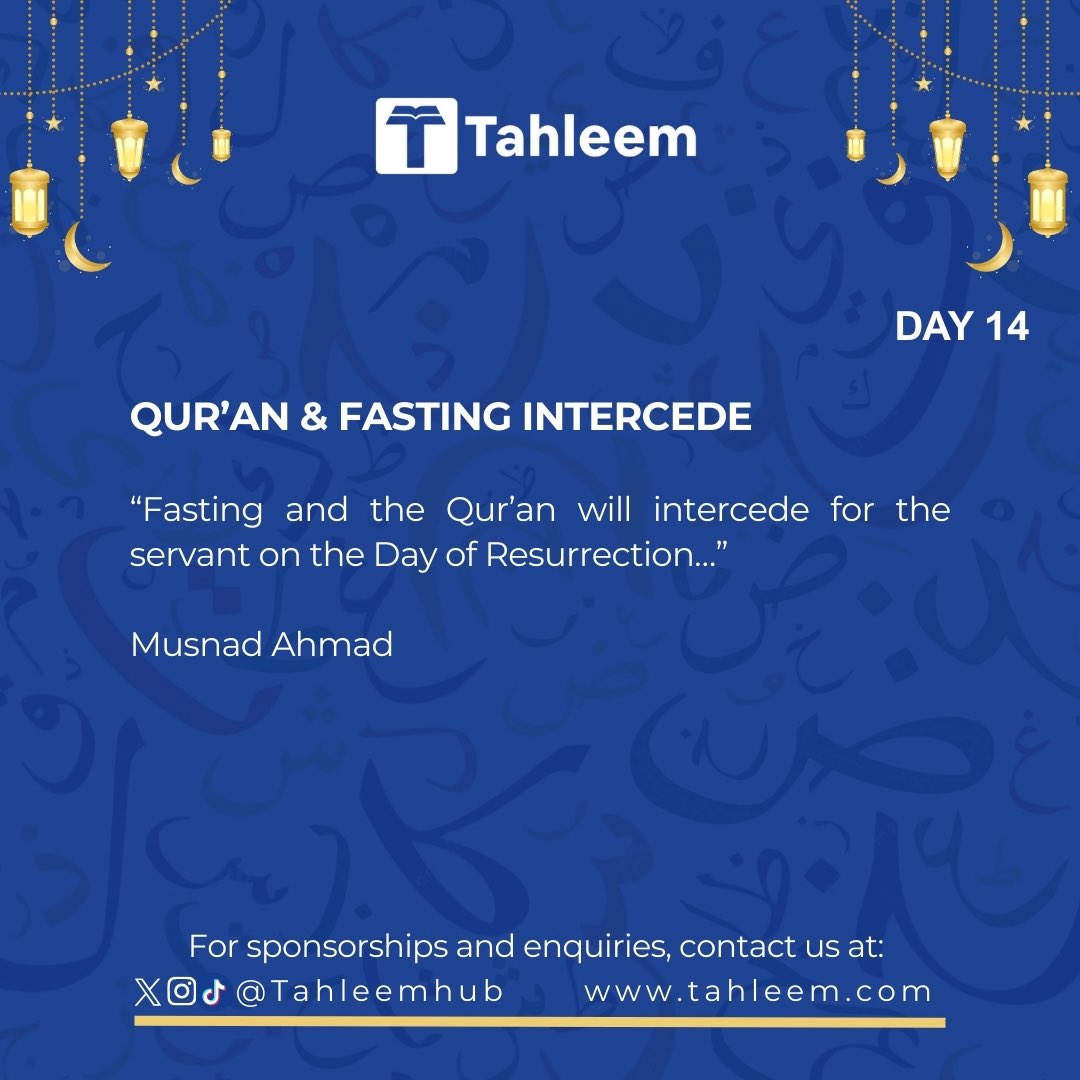 Day 14 — Qur’an &amp; Fasting

Your fast and your Qur’an will speak for you on Judgment Day. 📖
Strengthen both this Ramadan.

#Ramadan #Day14 #Tahleem