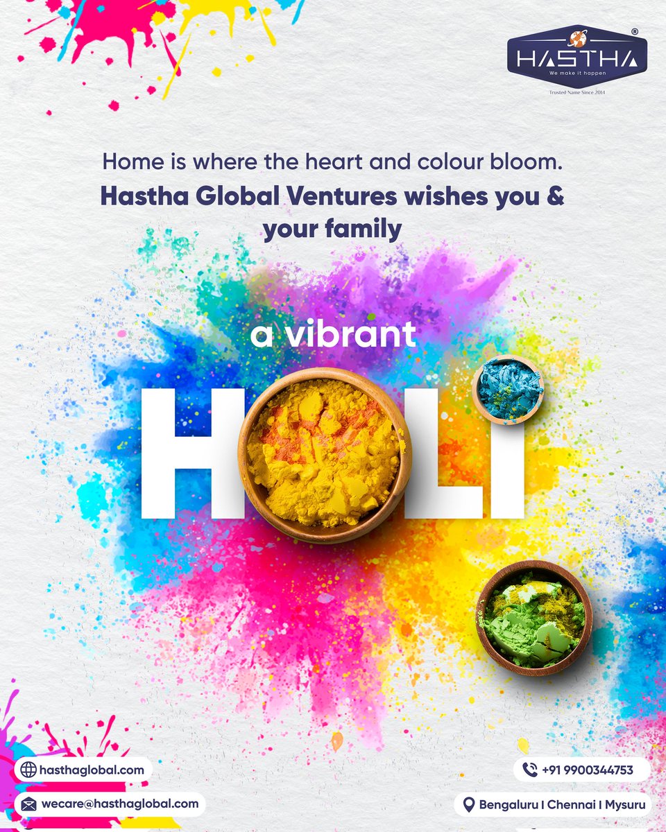HasthaGlobal's tweet photo. Hastha Global Ventures wishes you and your family a Holi filled with vibrant moments, joyful gatherings and memories that last a lifetime.

May this festival of colours bring happiness, prosperity and new beginnings into your lives.

#HasthaGlobalVentures #Holi #HappyHoli https://t.co/nErGhKtuN1