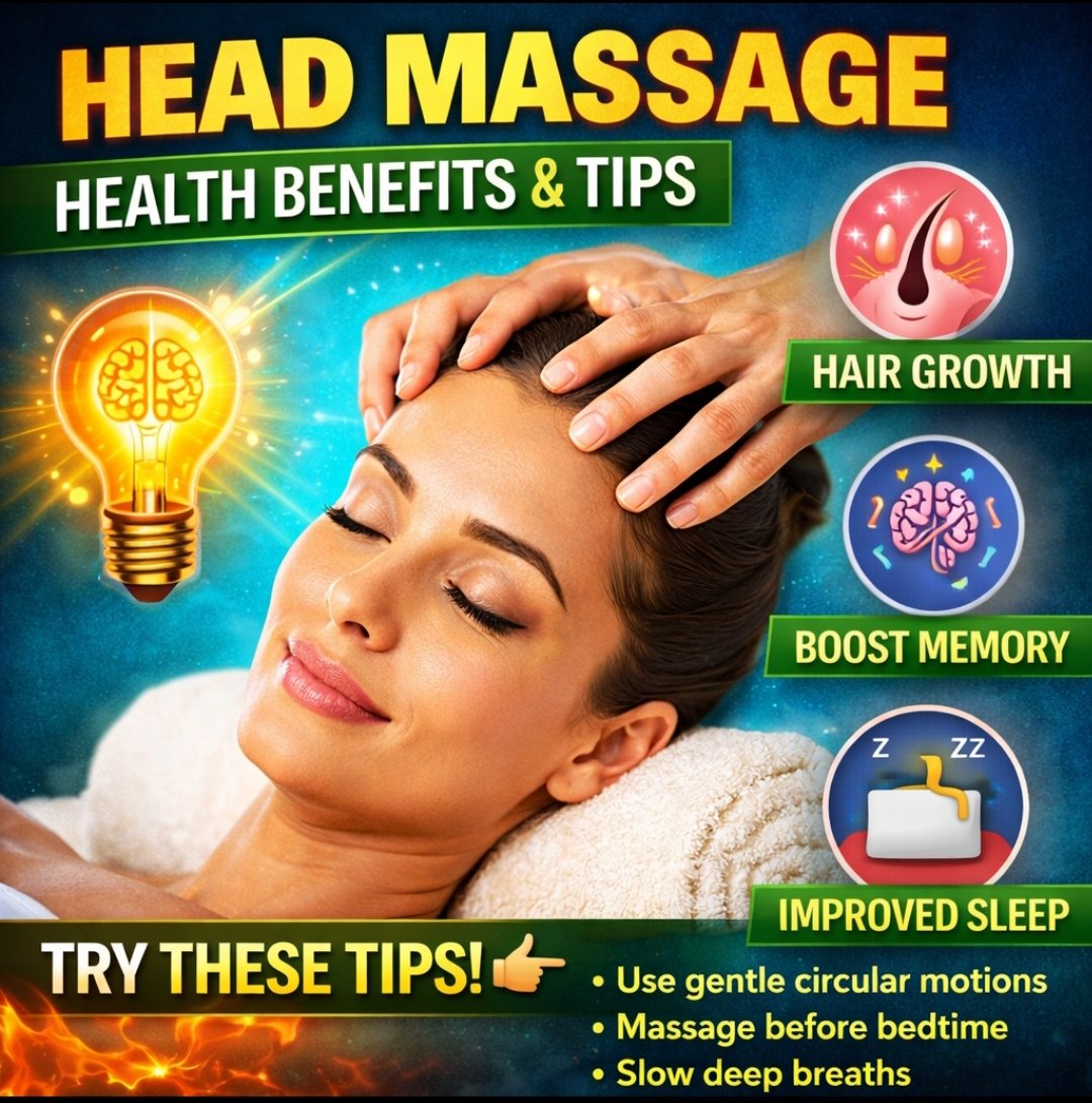 Monika48779734's tweet photo. A relaxing head massage is a natural way to relieve stress, improve blood circulation, and promote overall well-being. Regular scalp massage may support hair growth, .. 
🔖 Monafitnesst #monafitnesst 
#HeadMassage #HealthBenefits #StressRelief #HairGrowth #BoostMemory https://t.co/38qZsPRSgd