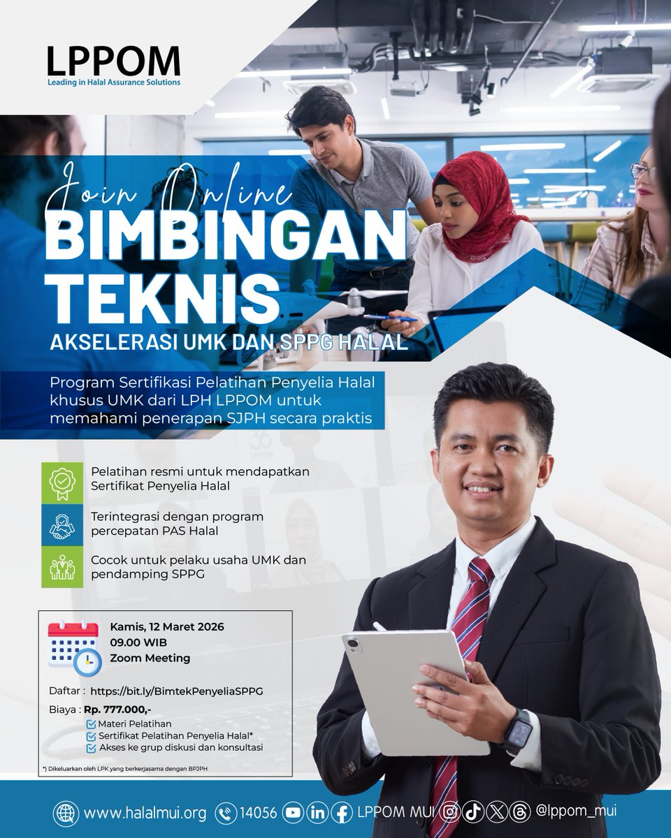 lppom_mui's tweet photo. ✨ DAPATKAN SERTIFIKAT PENYELIA HALAL RESMI UNTUK SPPH/USAHA UMK ‼️Ikuti BIMTEK untuk SPPG/UMK, https://t.co/qEOzVV3pTG
Kuota terbatas — segera amankan tempat Anda!
#bimteklppom #lph #lppom #sertifikasihalal #halalindonesia #kompetensi https://t.co/cXWLNYqN6N