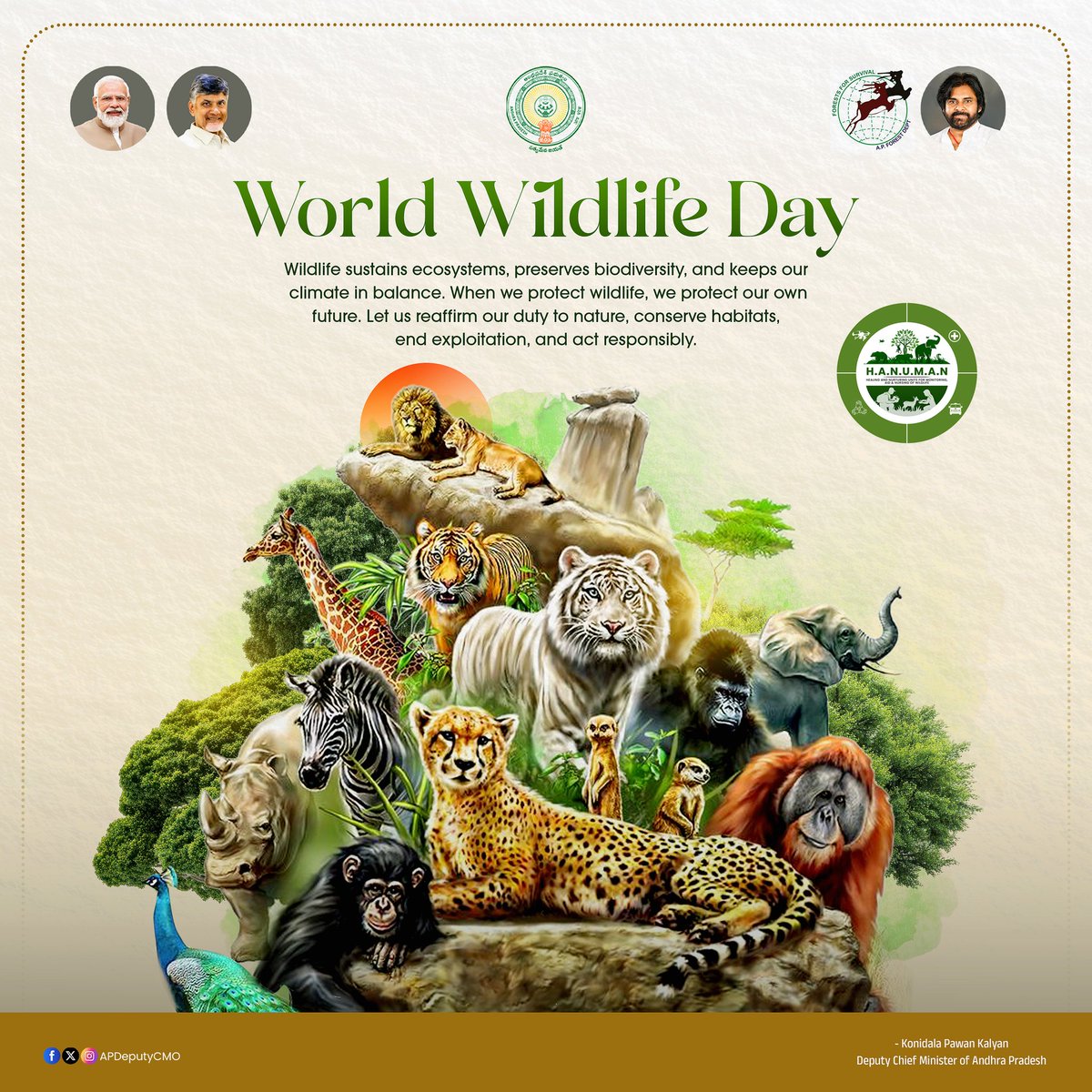 APDeputyCMO's tweet photo. Wildlife is essential for ecological balance, biodiversity, and climate stability. Protecting habitats ensures harmony between humans and nature and secures a sustainable future.

Today, the Andhra Pradesh Government, under the Environment and Forest Ministry, inaugurated the HANUMAN Project (Healing and Nurturing Units for Monitoring, Aid and Nursing of Wildlife), a dedicated initiative to rescue, treat, rehabilitate, and monitor injured wildlife, strengthening conservation and rapid response systems across the state.

On this World Wildlife Day, let us unite to conserve habitats, prevent exploitation, and safeguard our natural heritage for generations to come - @PawanKalyan

@moefcc @byadavbjp
#WorldWildlifeDay