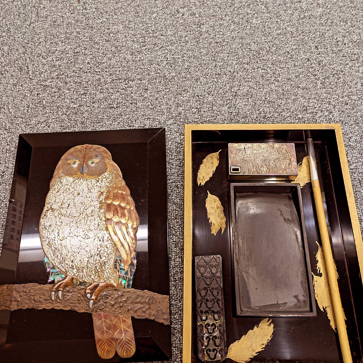 書道具 梟文 青貝 蒔絵 硯箱 #古美術#骨董品#掛軸#茶道具#煎茶道具#書